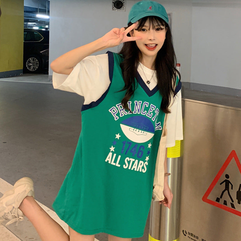 Fake Two-piece Baseball Uniform College Style Temperament Ins Trendy Top