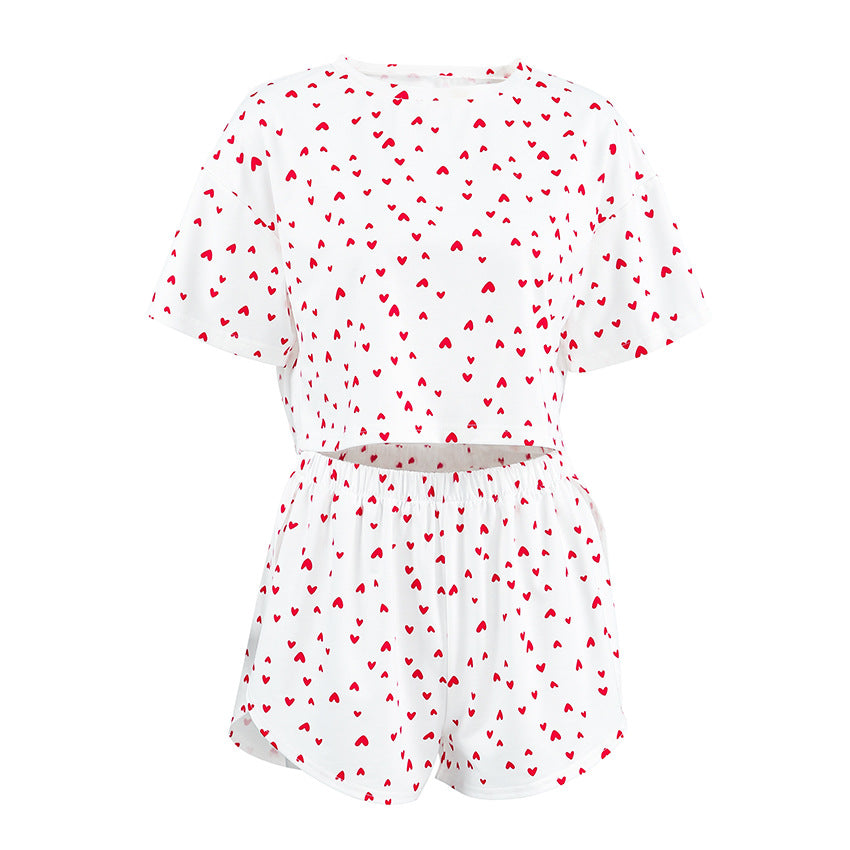 Comfortable Heart-Print Knitted Short-Sleeve Top And Shorts Set