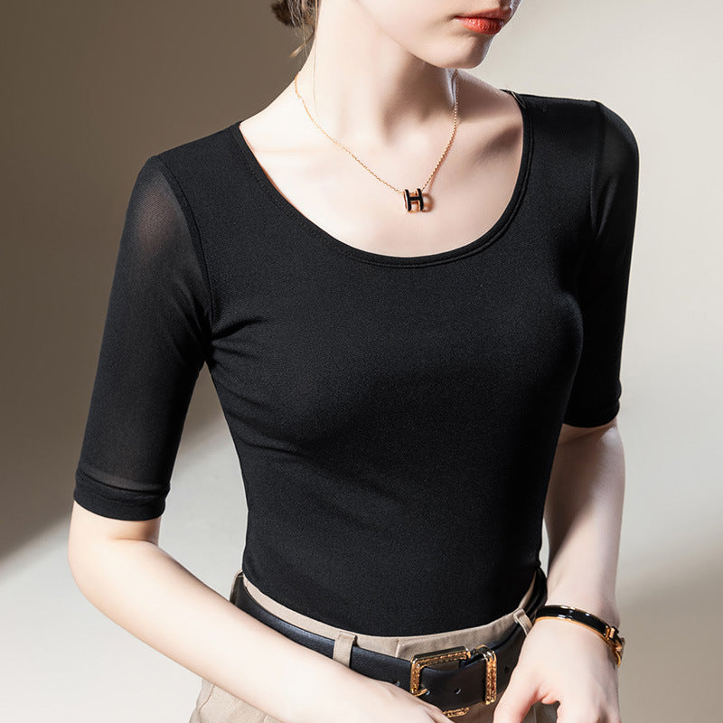 Elegant Langærmet Mesh T-shirt til Kvinder Ensfarvet Taljestretch Top