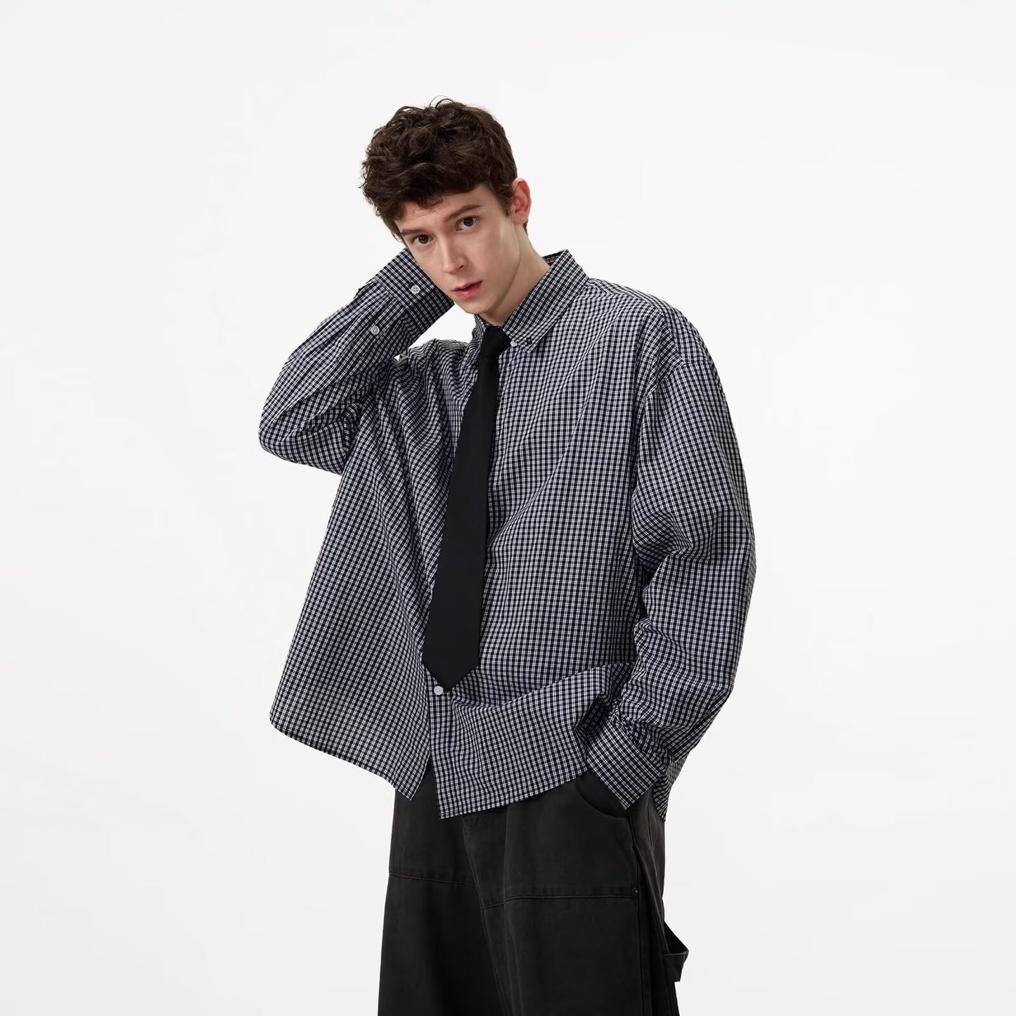 Mens Long-sleeve Shirt With A Small Check Pattern For Spring And Fall