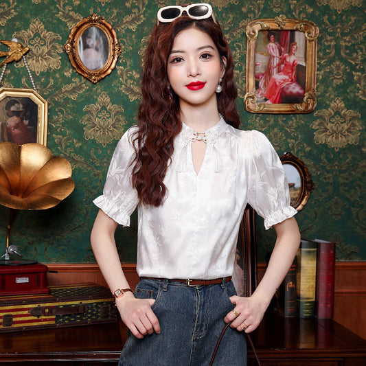 Real Shot New Chinese Style Retro National Style Buckle Jacquard Shirt For Women
