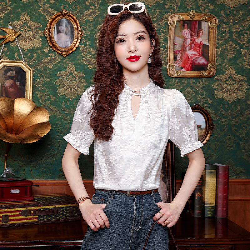 Real Shot New Chinese Style Retro National Style Buckle Jacquard Shirt For Women