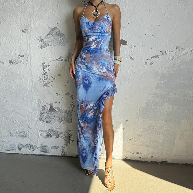 Women's Fashionable Printed Strap Split Dress