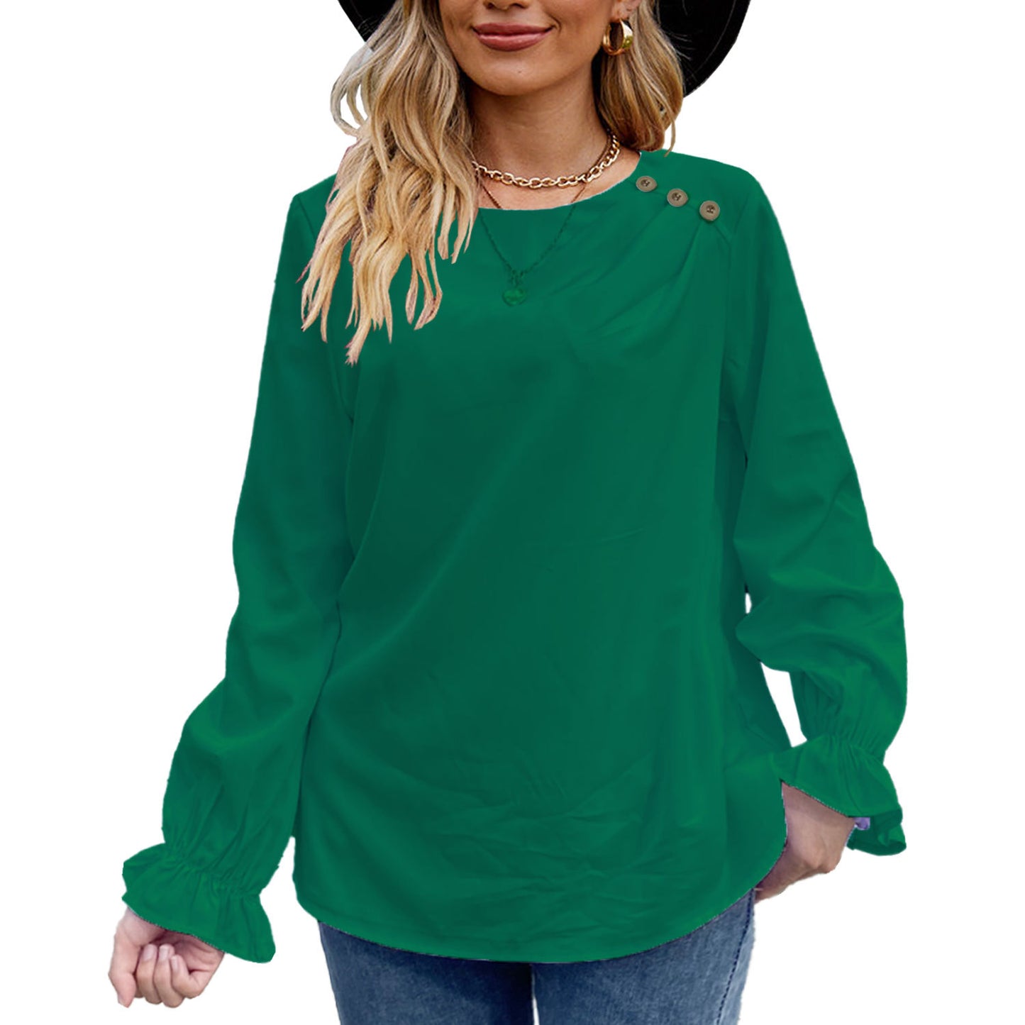 European And American Solid Color Buttons Loose Round Neck Long Sleeve Shirt