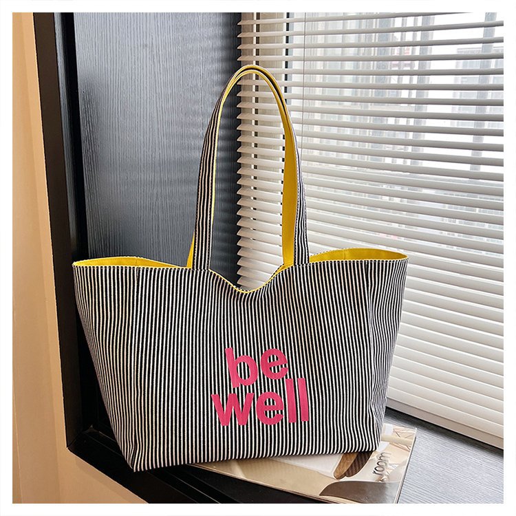 Large Capacity Tote Double-sided New Striped Casual One-shoulder Texture Embroidered Canvas Bag