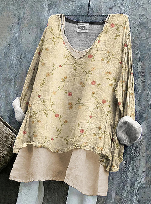 Vintage Floral Art Pattern Linen Long-sleeve Top