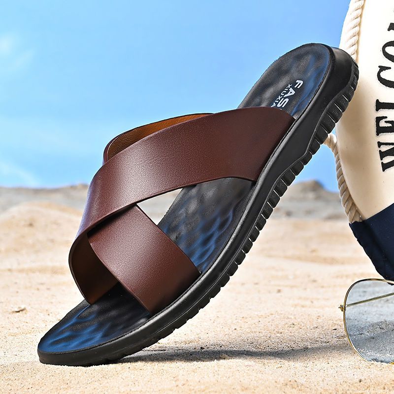 Men's Casual Soft Leather Soft Bottom Non-slip Slippers