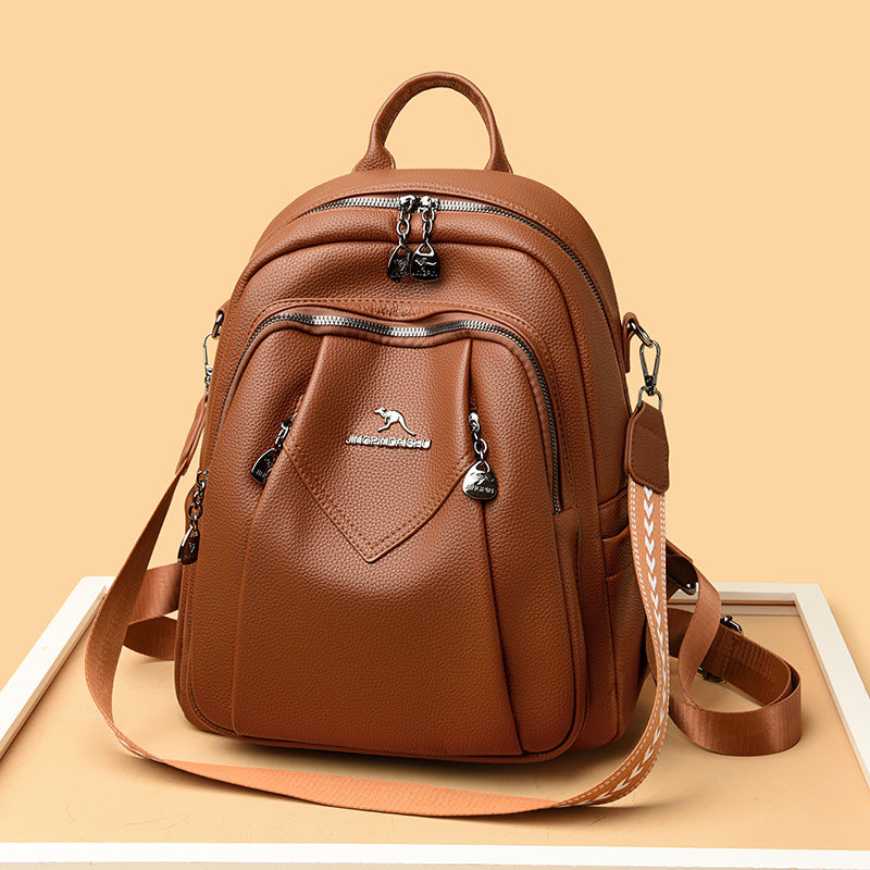 Geometric Patchwork Genuine Leather Exquisite Student Kangaroo Backpack