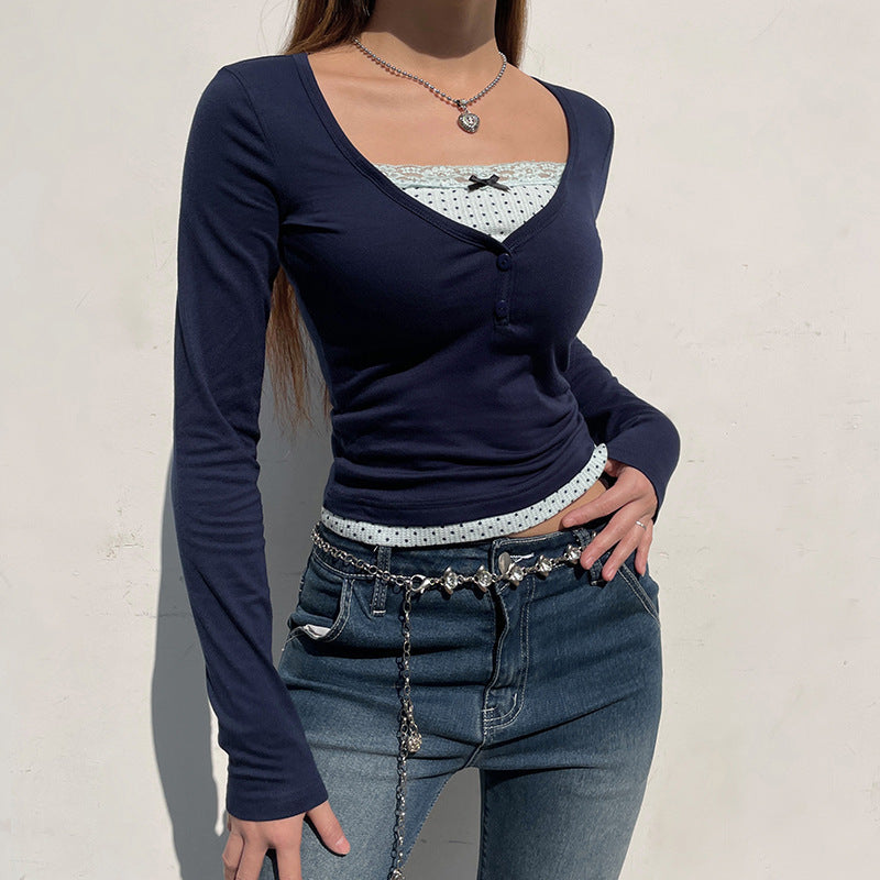 New Commuter Bottom Top Women's V-neck Panel Contrast Bow T-shirt