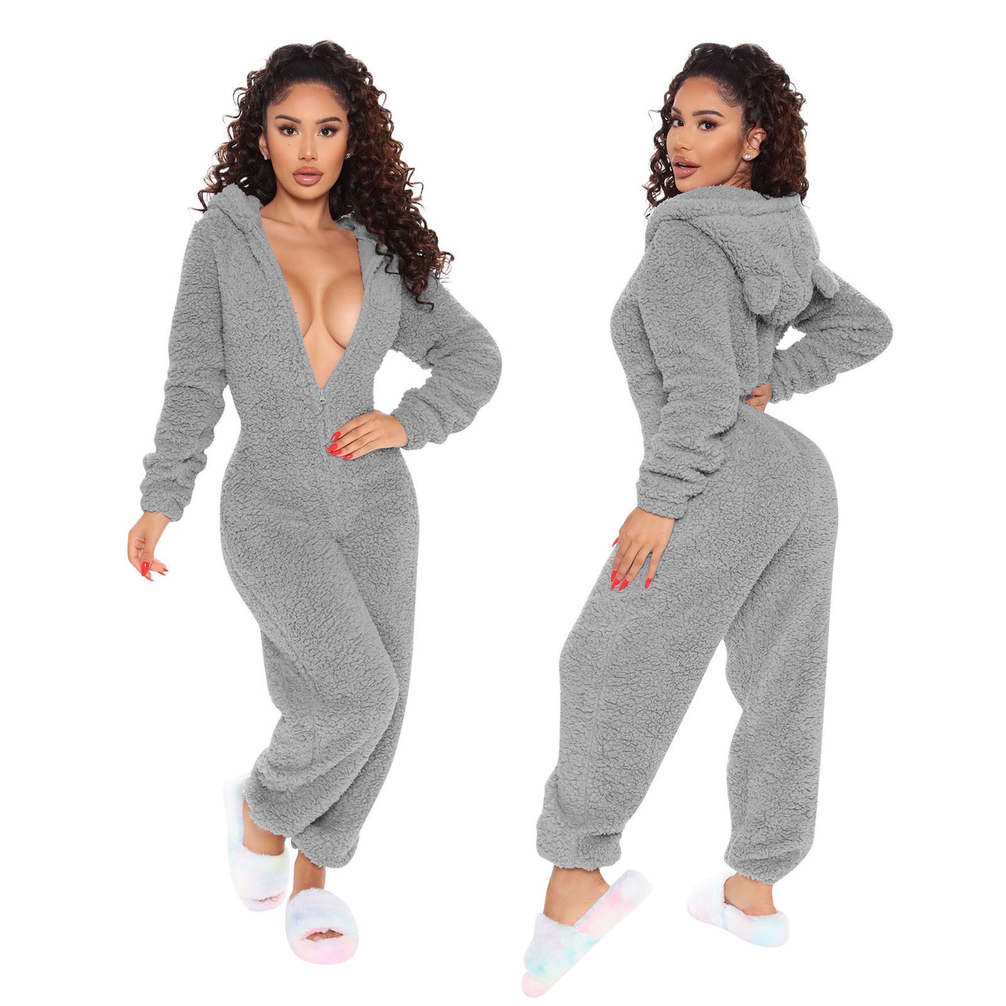 New Autumn And Winter Long Sleeve Hooded Casual Jumpsuit Trousers Plush Homewear Pajamas Cute Jumpsuit