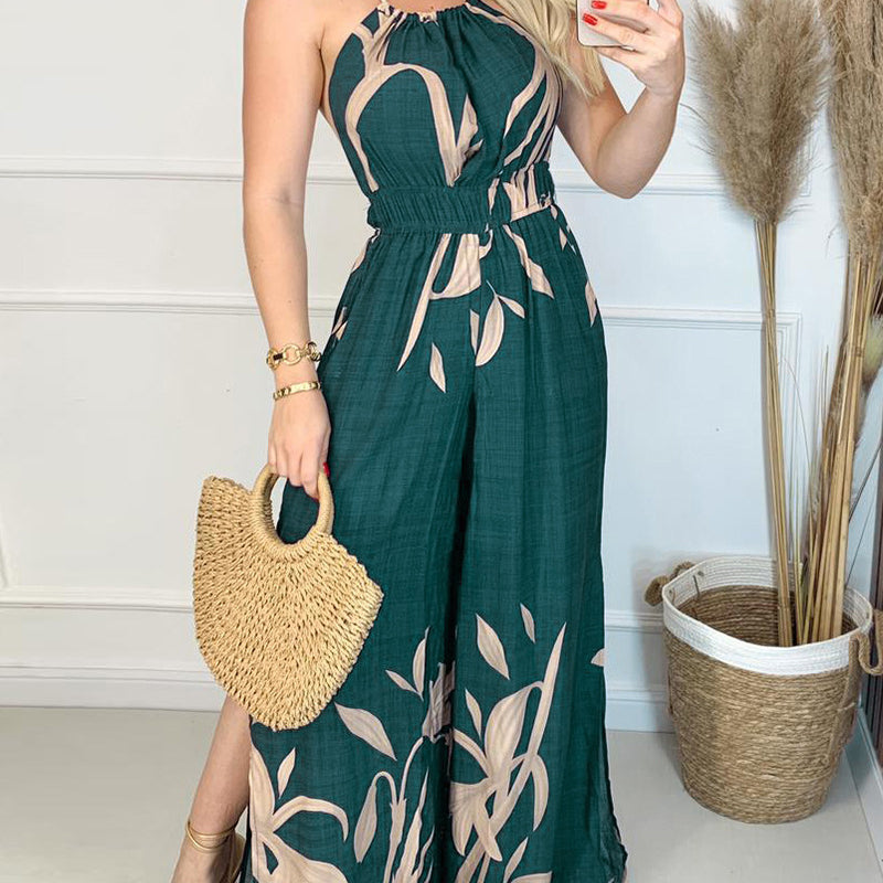 European And American New Dark Blue Printed Halter Jumpsuit