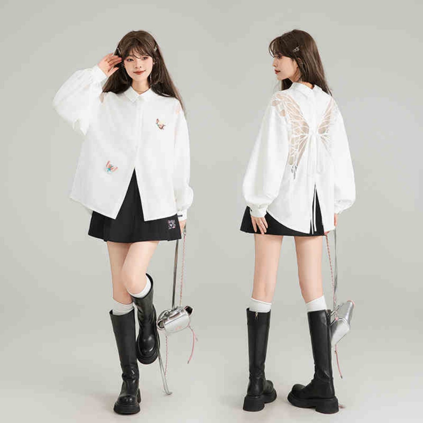 Butterfly Embroidered Black Long Sleeve Shirt