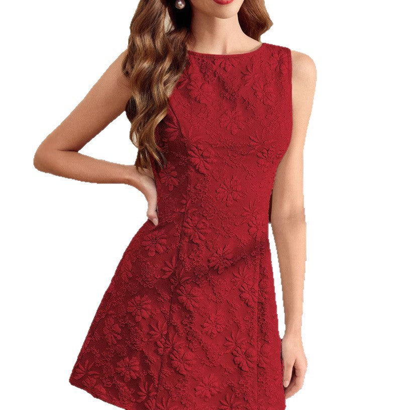 Floral French Minimalist Jacquard Sleeveless Dress