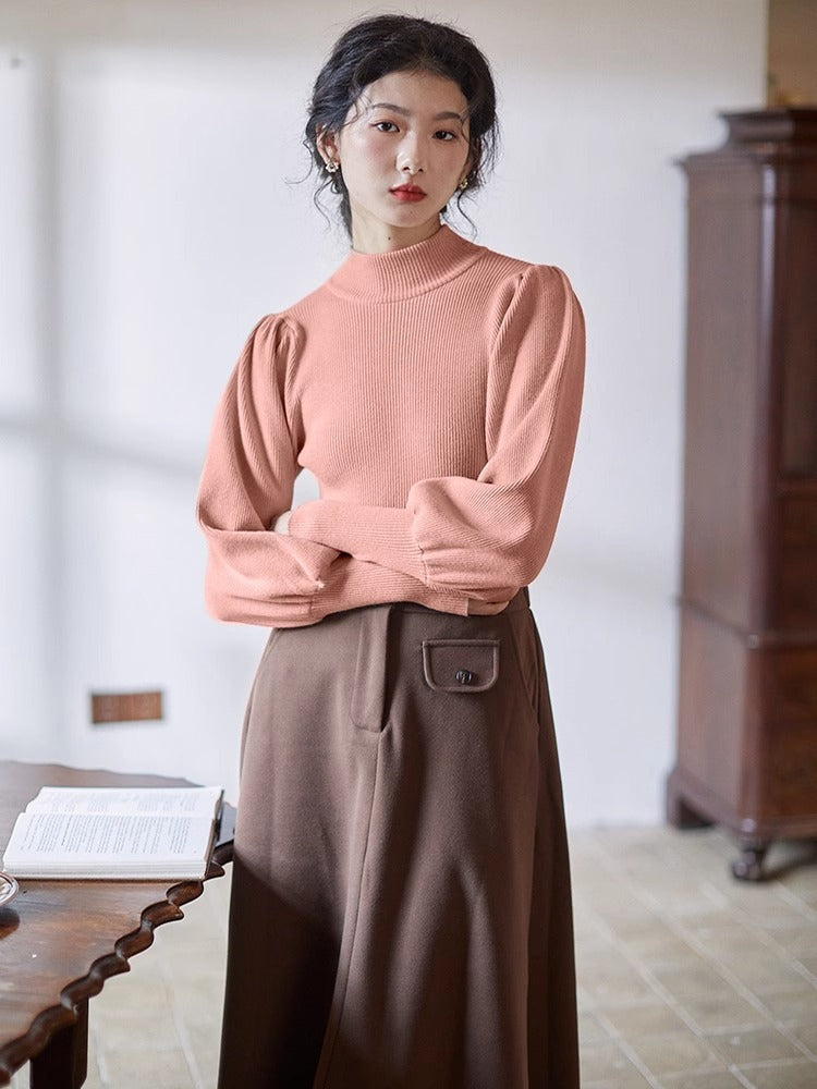 Womens French-style Puff-sleeve Mock-neck Base Layer Top