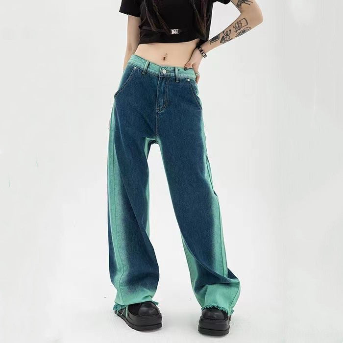 High Waist Loose Straight Contrast Jeans