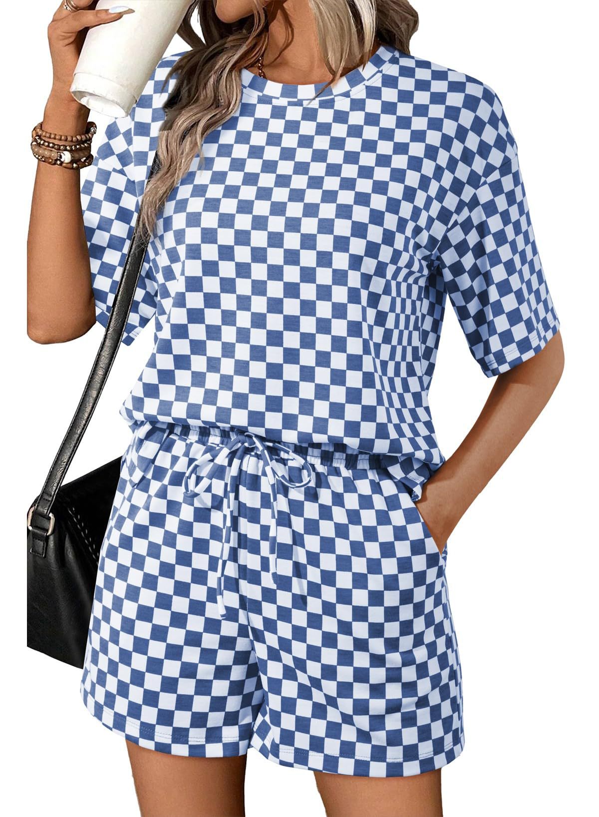 Womens Plaid Print Crew Neck Short Sleeve Drawstring Pocket Shorts Set