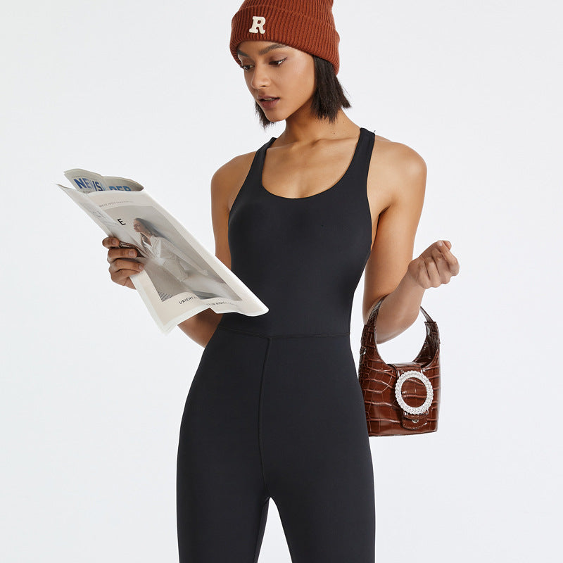 Womens Crew-neck Camisole Bodysuit With Tight-fitting Pants High-stretch Figure-hugging Yoga Wear