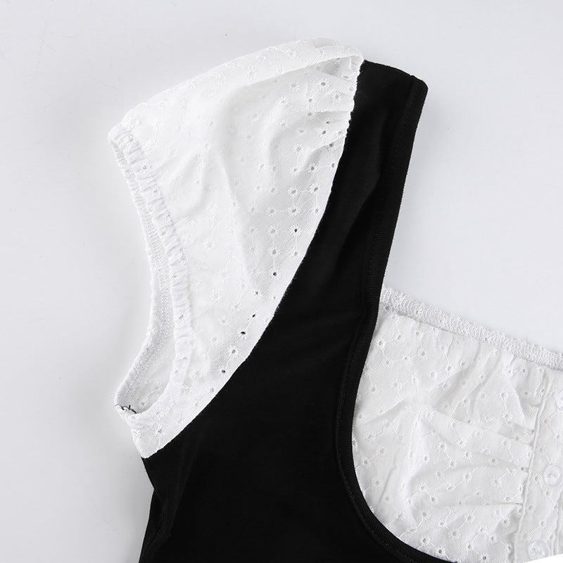 Fake Two Black And White Contrasting Temperament Square Neck Short Sleeves