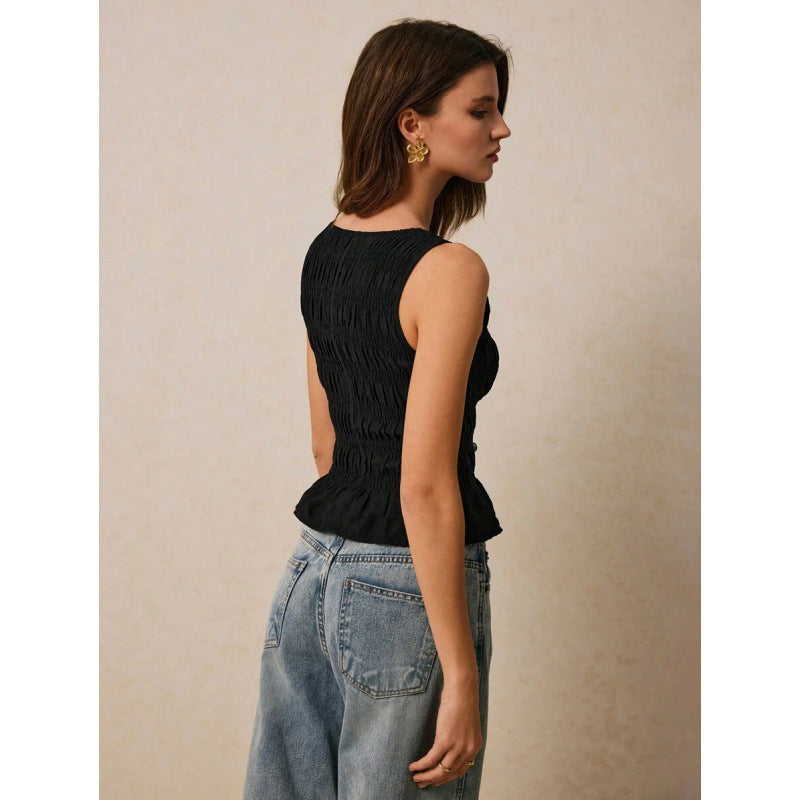 Womens Solid-Color Pleated Crew-Neck Casual Tank Top