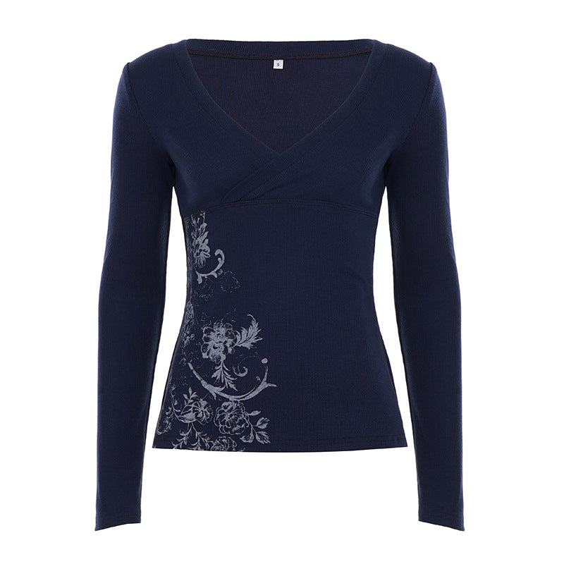 Retro Floral-print Ribbed V-neck Slimming Casual Long-sleeve Top
