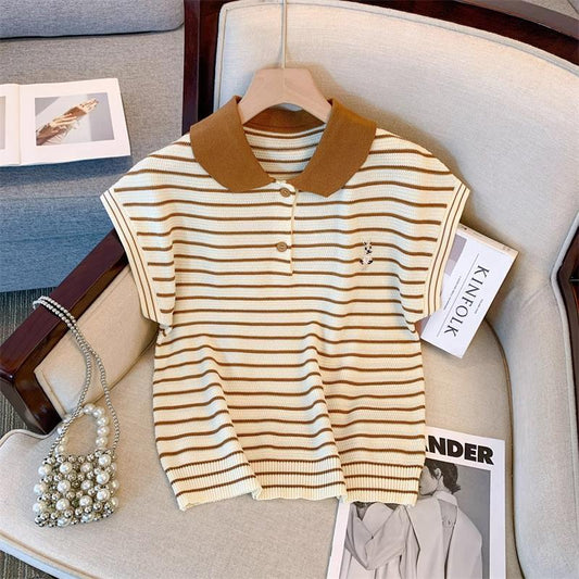 Ice Silk Short Sleeve Striped Embroidery Contrast Color Button Polo