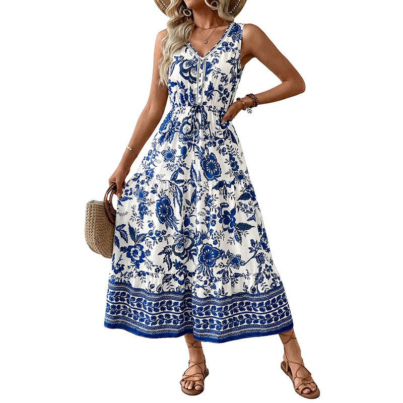 Retro Resort-style Long Dress V-neck Sleeveless One-piece Dress