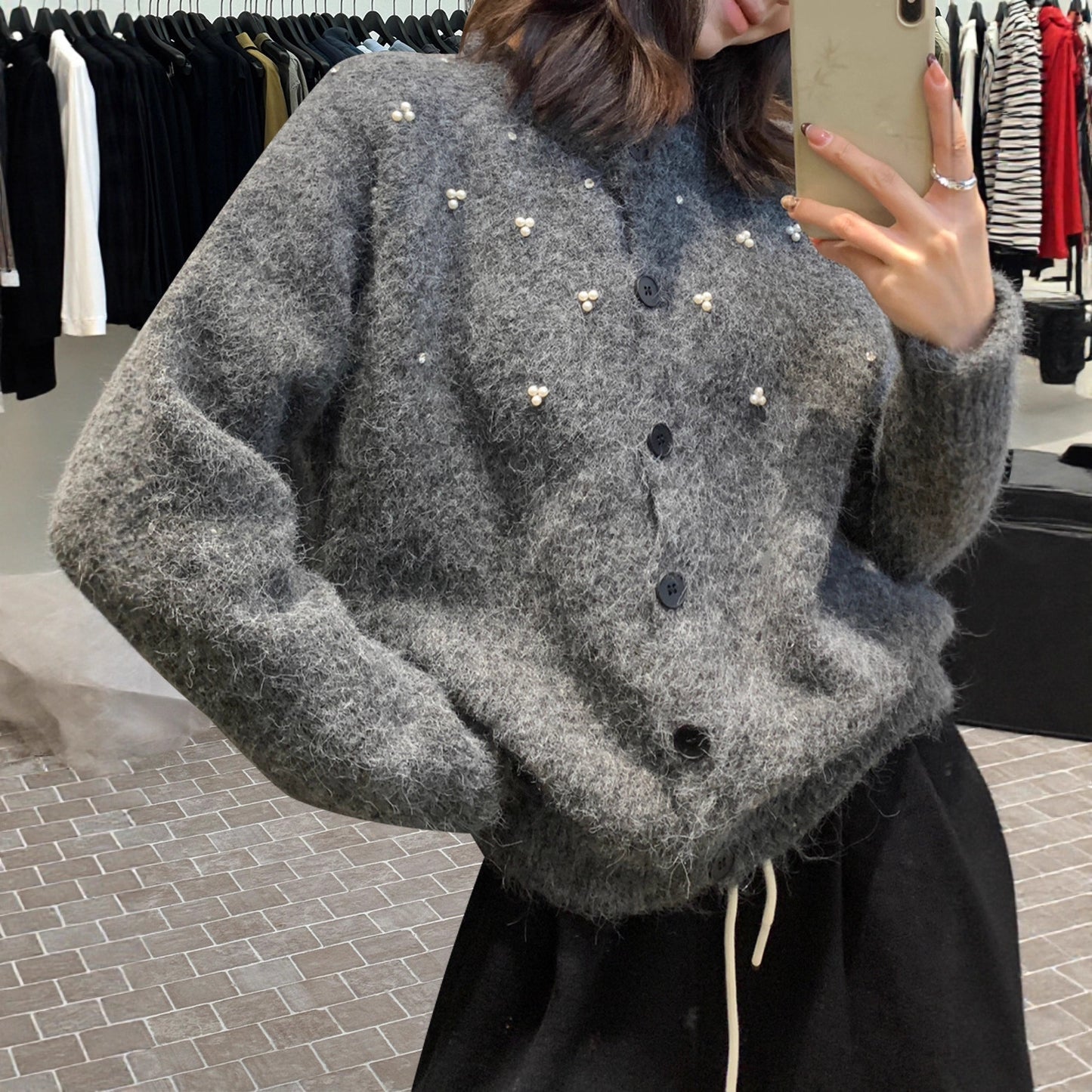 Women's Three-dimensional Pearl Sweater Cardigan Loose Knitted Coat