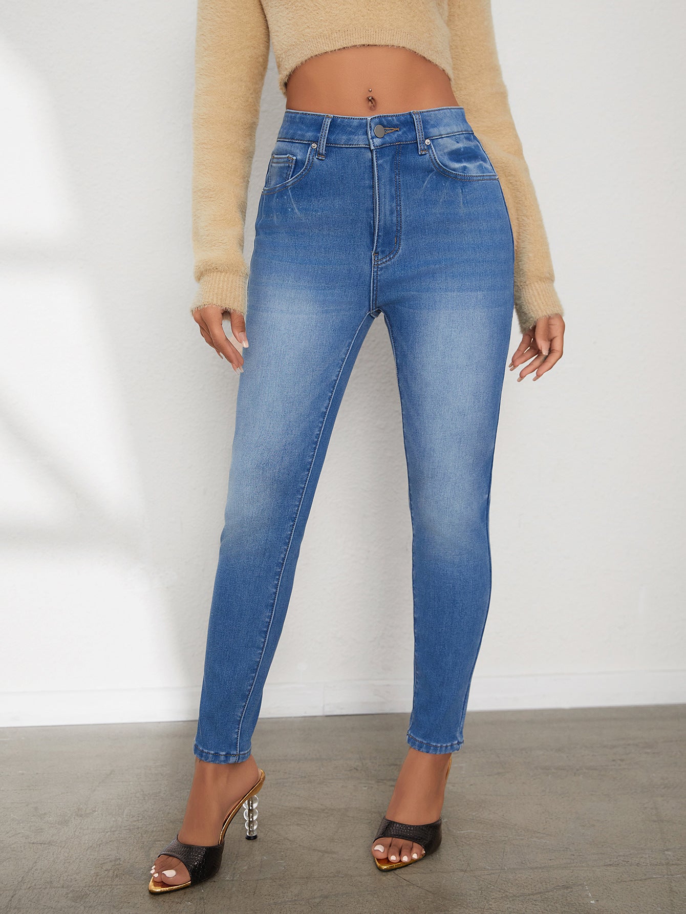Dame Højtaljede Komfortable Små Fødder Med Plys Jeans