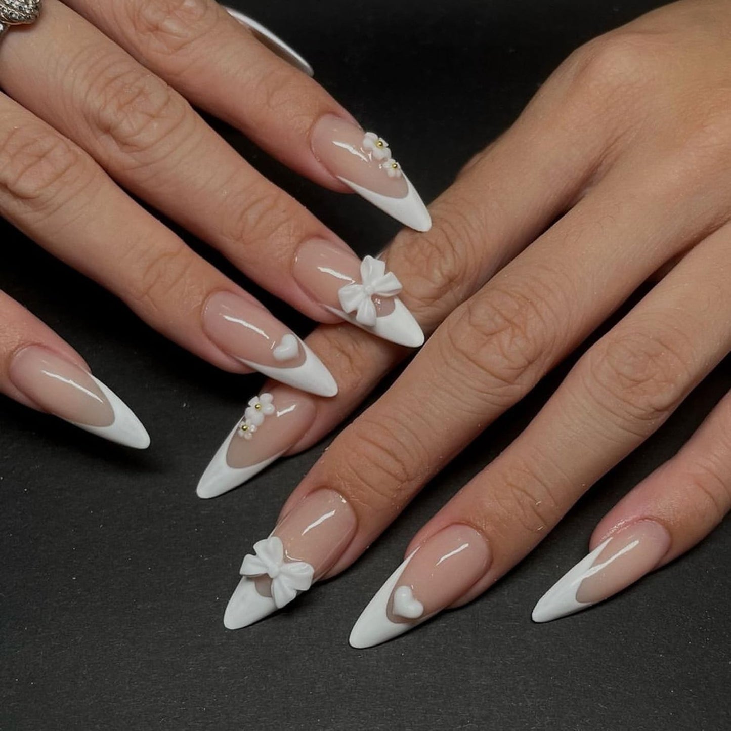 24Pcs Almond Press on Nails French Tips Short Fake Nails with Cute Bow Charms Design French Press on False Nails Nude Pink Acrylic Nails Almond Shaped Artificial Nails for Women Girls Manicure Tip