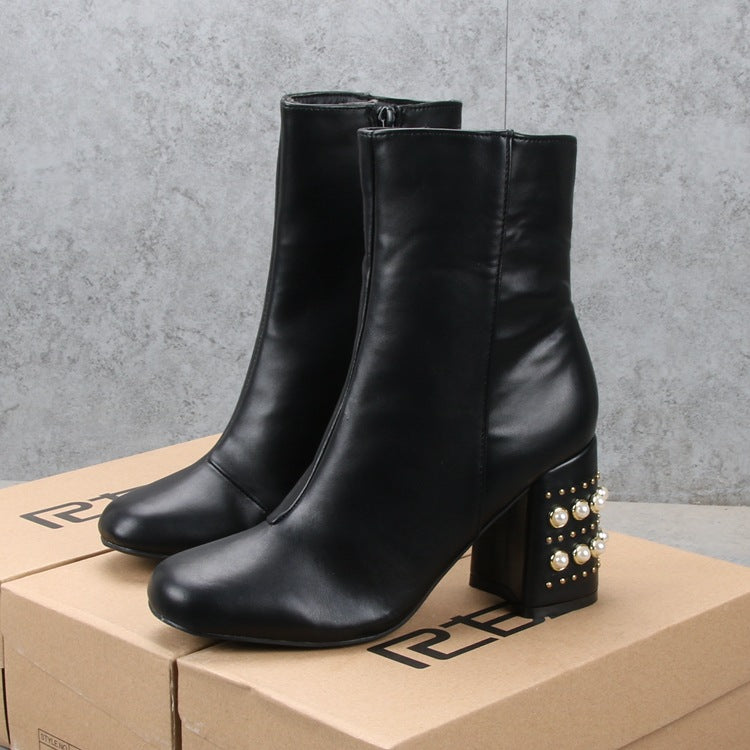 Fashion Casual High-heeled Thick-heel Square Toe Martin Boots Women