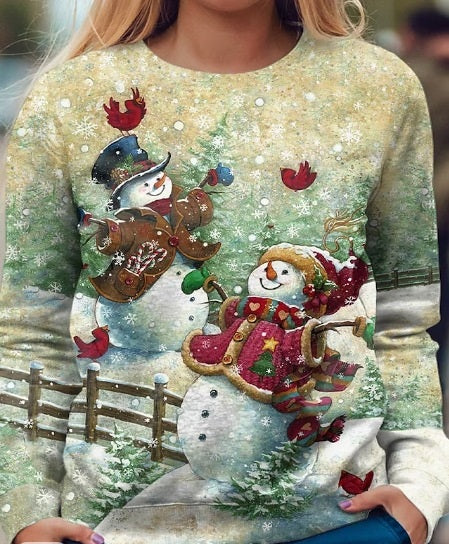 Round Neck Long Sleeve Sweater Plus Size Christmas Print