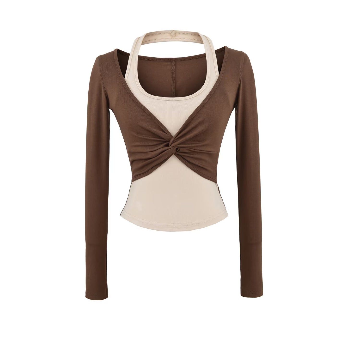 Women's Halterneck Colorblock Fake Two-Piece Long-Sleeve Top