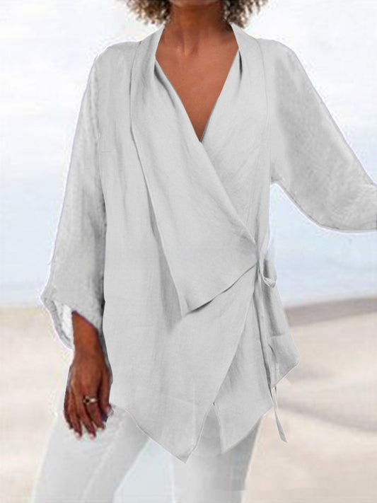 Pure Color Tied Irregular Hem Cotton Linen Women's Casual Top
