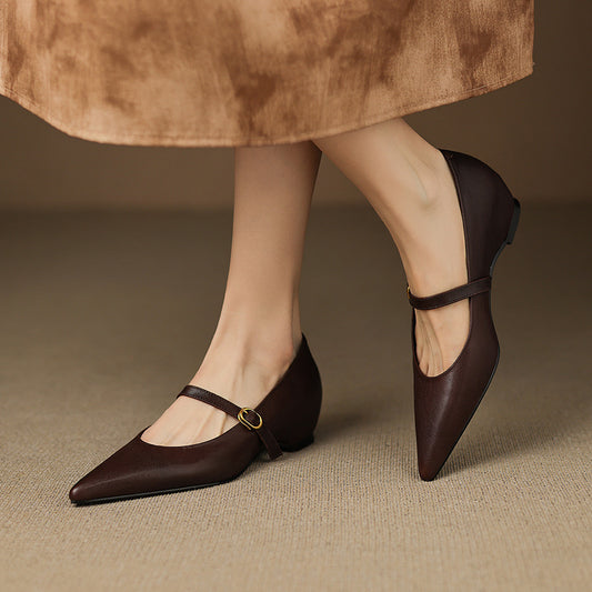 Franske Retro Pumps til Kvinder med Spids Tå i Fåreskind og Lav Udstansning
