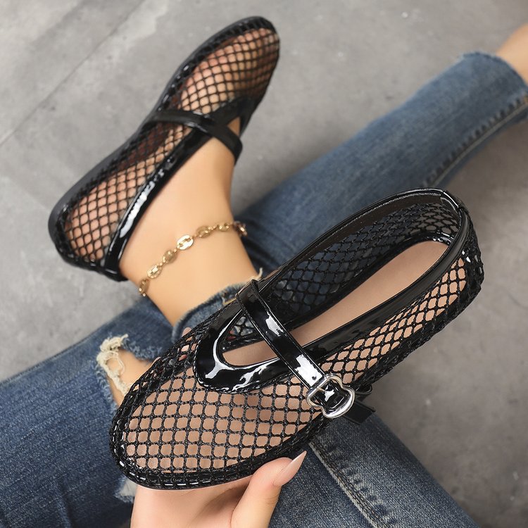 Round-toe Fishnet Hollow-out Ballet Flats Fashionable And Flat