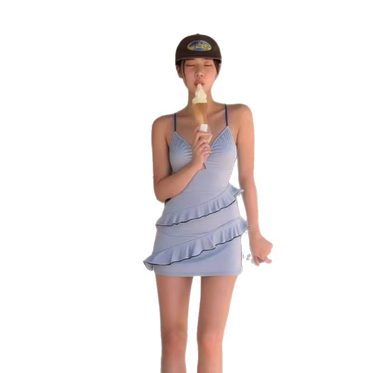 Korean Creamy-Style Conservative Ruffle Cake Dress For Women