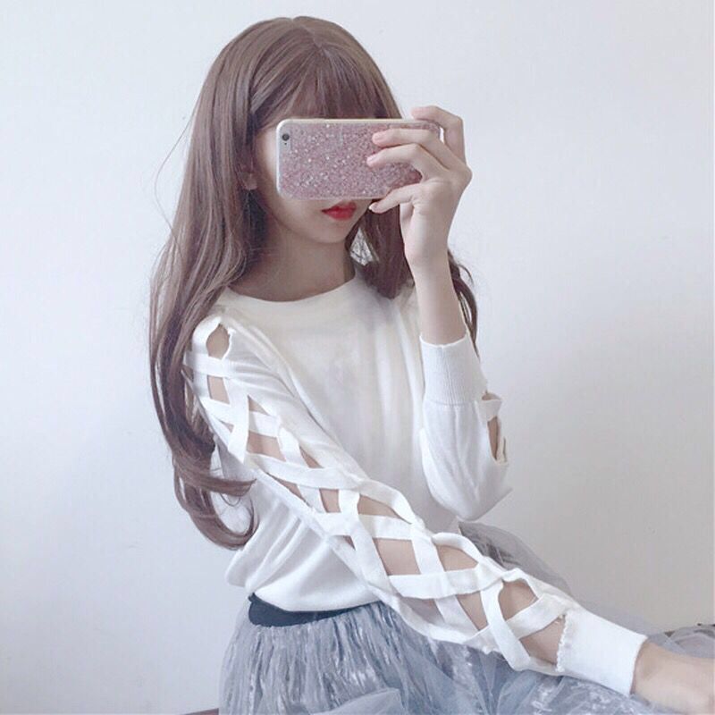 Spring And Autumn Pullover Sexy Cutout Round Neck Knitted Bottoming Shirt