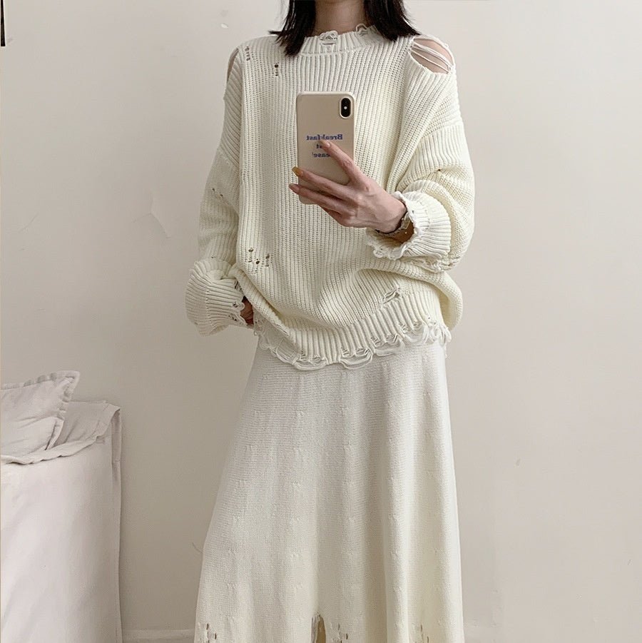 Modetøj til kvinder Langærmet hvid sweater i bomuld med rund hals Uregelmæssig flænset nederdel