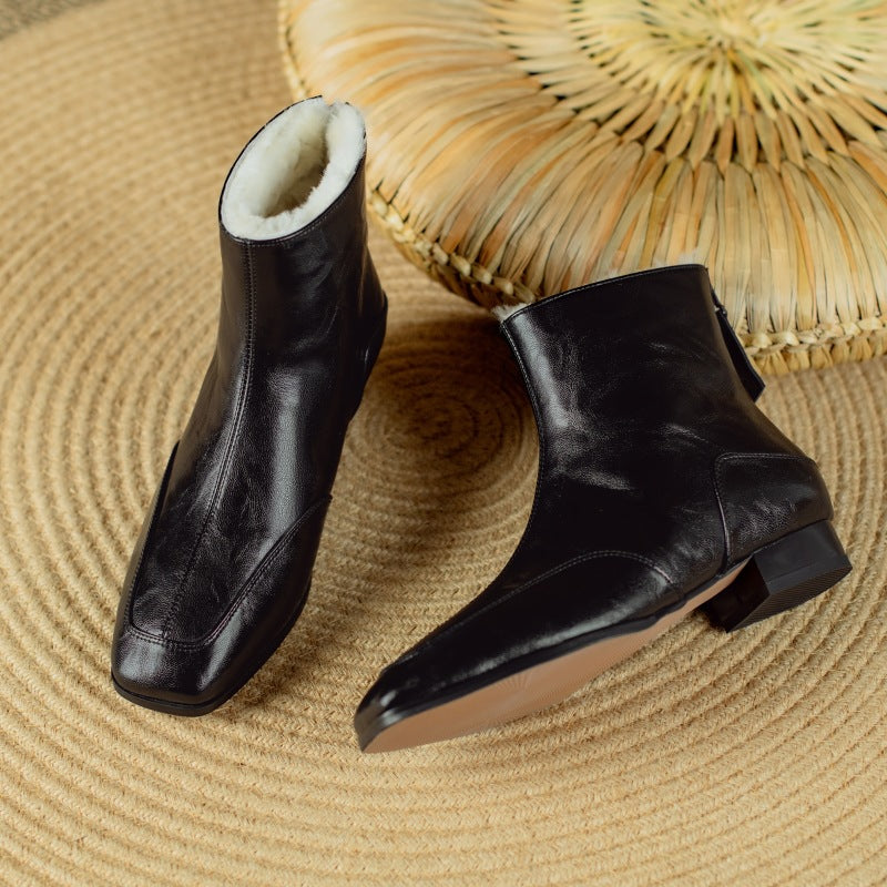 Women's Cowhide Square-toe Warm Fleece-lined Thick Wool Short Boots