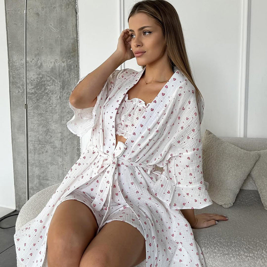 Heart-printed Pure Cotton Pajama Set Featuring Long-sleeve Tube Top And Shorts