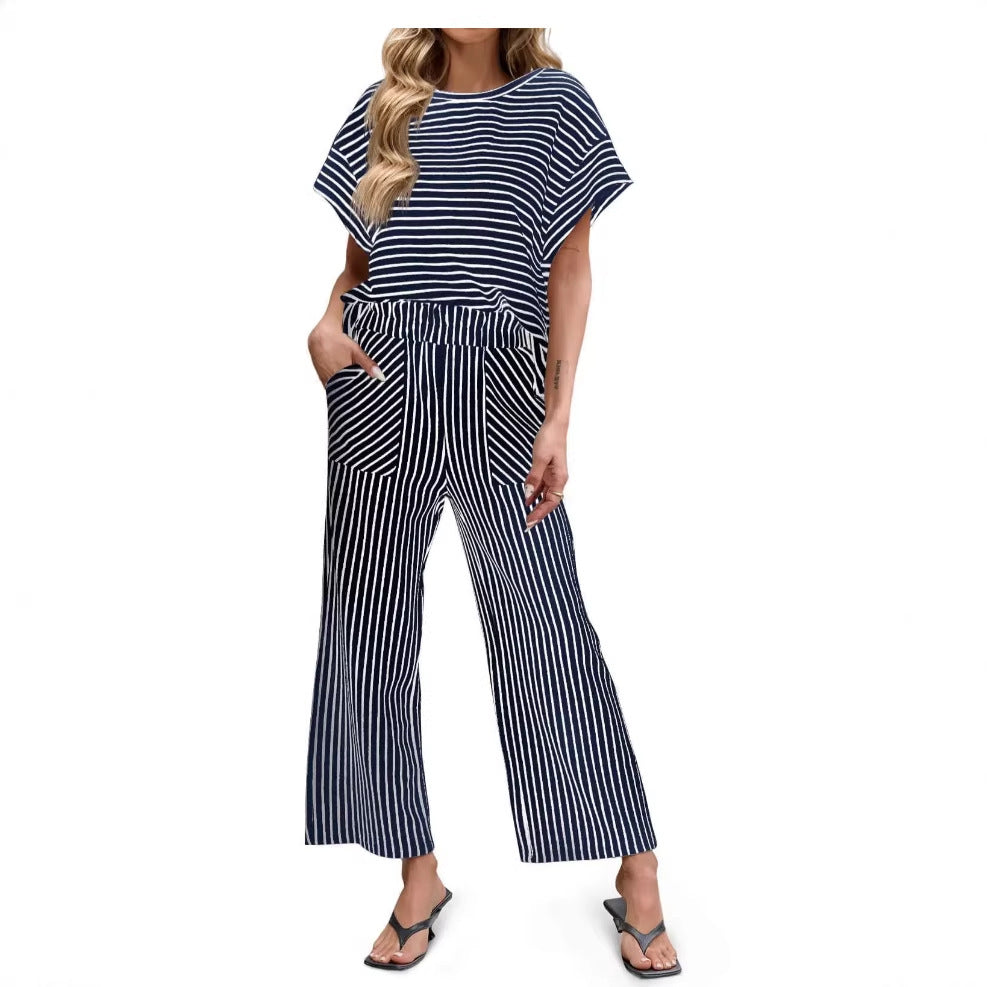 Womens Striped Short-Sleeve T-Shirt And Wide-Leg Pants Set With Pockets