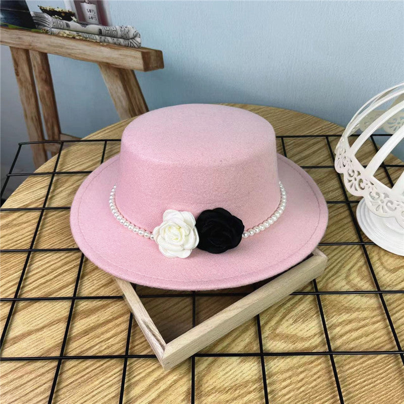 Vintage Hattedame Perlekæde Blomster Uld Flad Hat