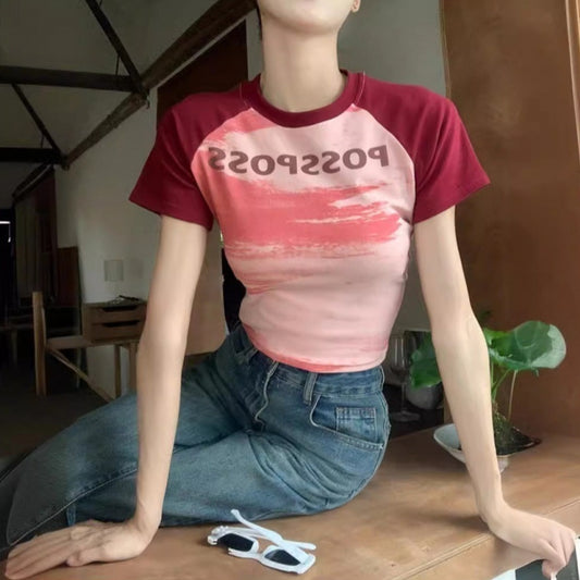 Contrast Color Round Neck Short Raglan Short Sleeve