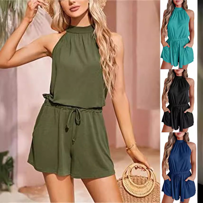 Women's Waist-controlled Lace-up Halter Loose Printed Jumpsuit