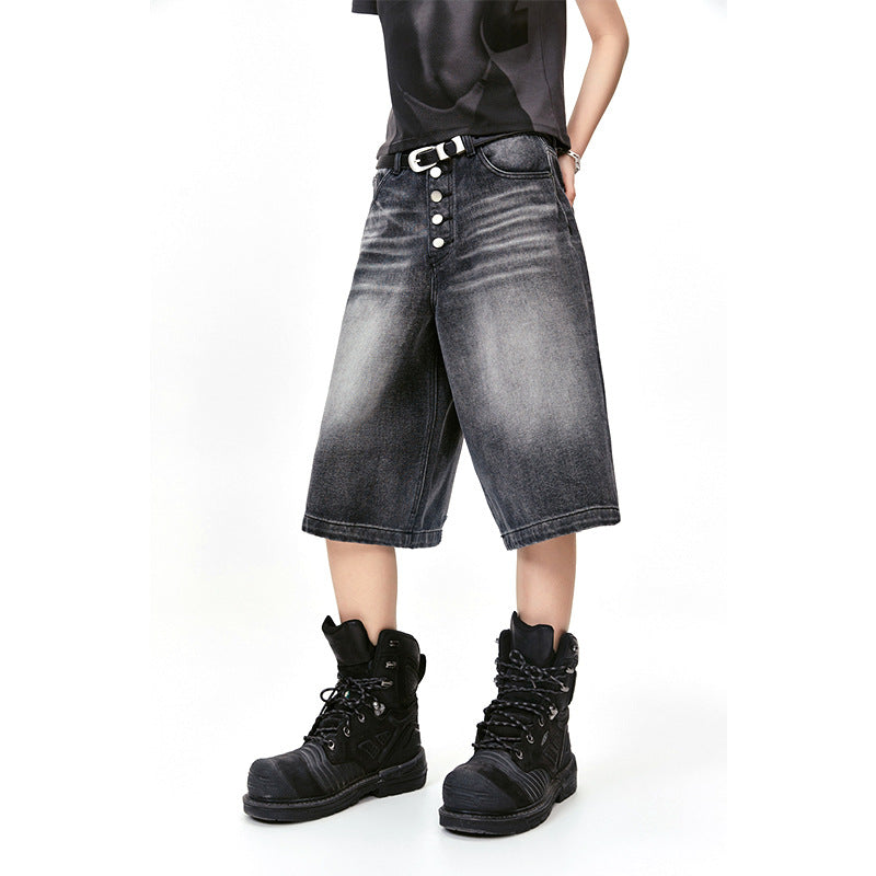 Amerikansk Retro Street Vasket Ben Hvid Kattehale Riflet Cropped Bukser