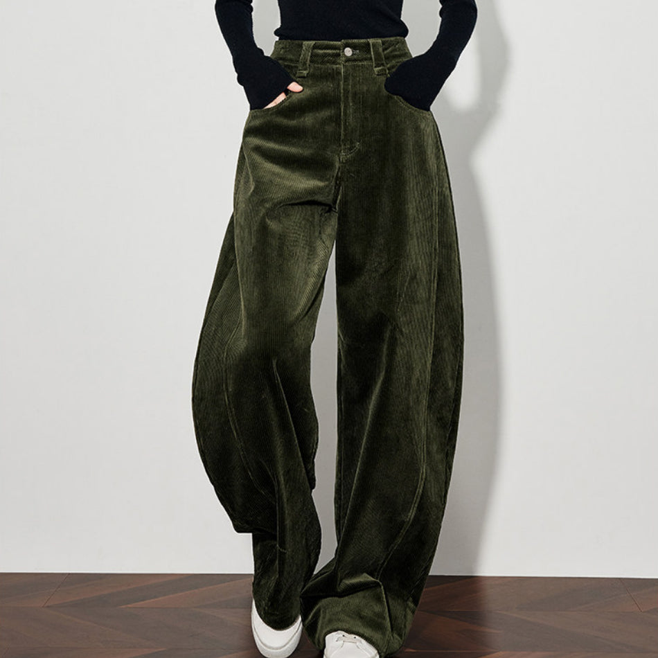 Womens Green Corduroy Casual Pants Wide-leg Style