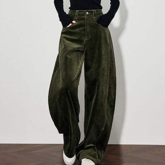 Womens Green Corduroy Casual Pants Wide-leg Style