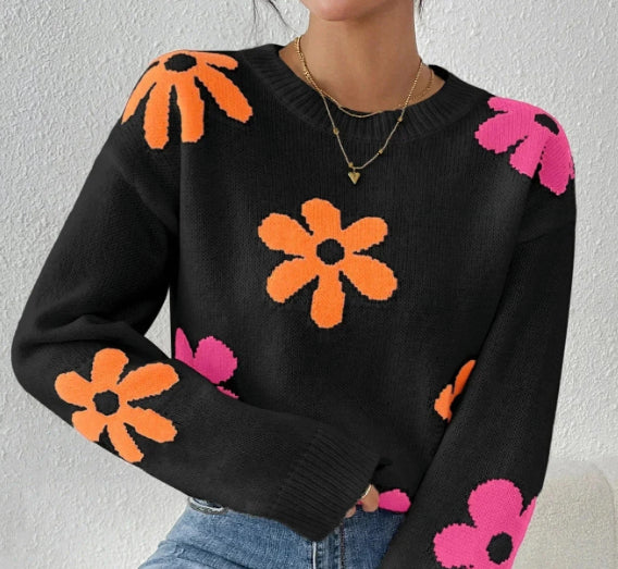 Women's Sweater Flowers Color-block Crew Neck