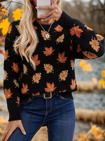 Women's Crew-Neck Sweater Vintage Printed Knit Top