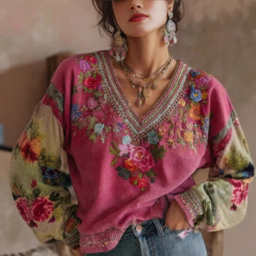 Womens Floral Embroidered Printed V-Neck Long-Sleeve Top